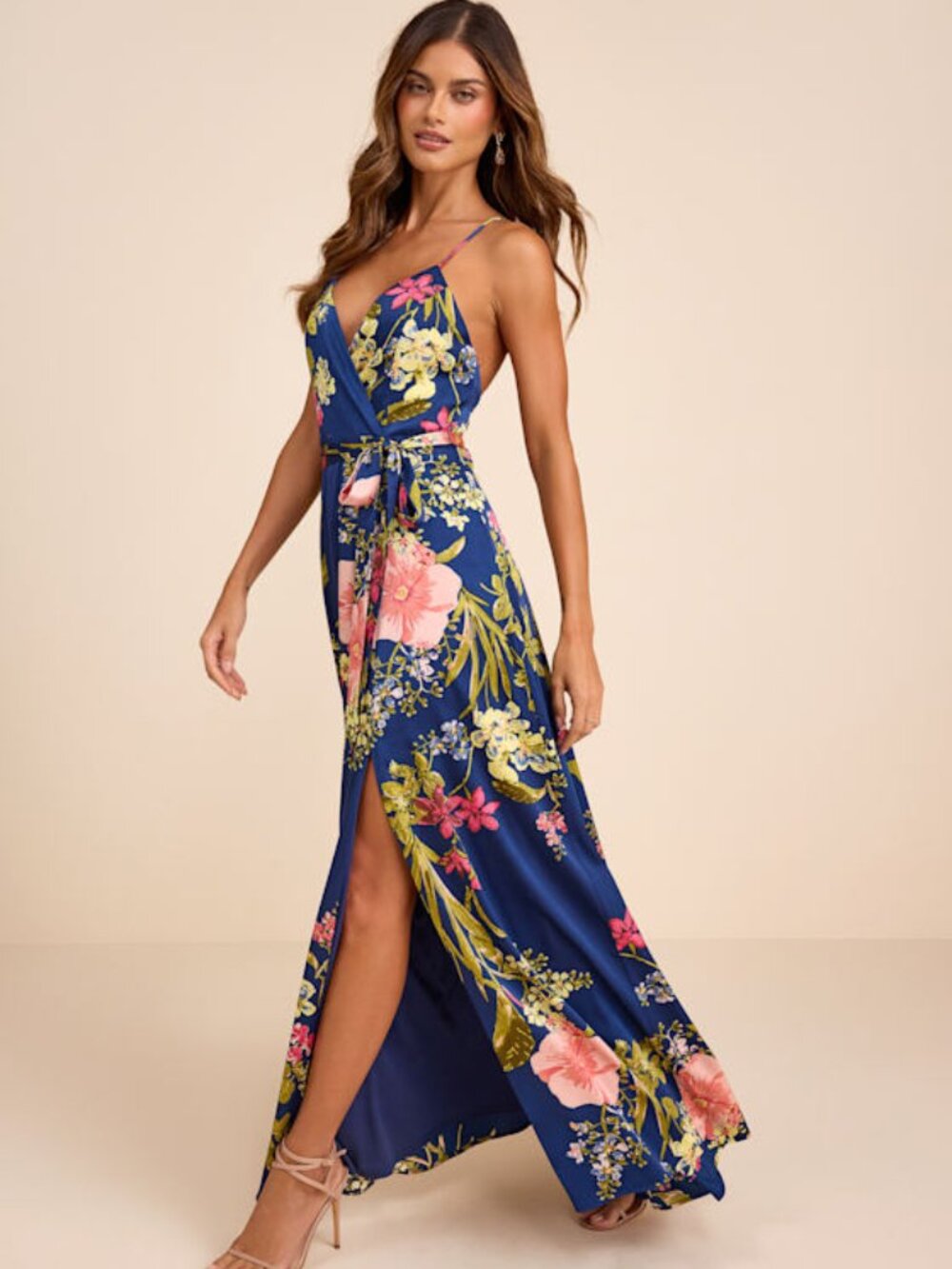 Lulus Still The One Blue Floral Print Satin Maxi Dress - Size Small